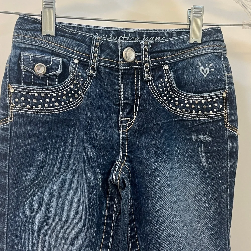 Justice Simply Low Distressed Flare Jeans Studded Pockets, Size 8 R Girls